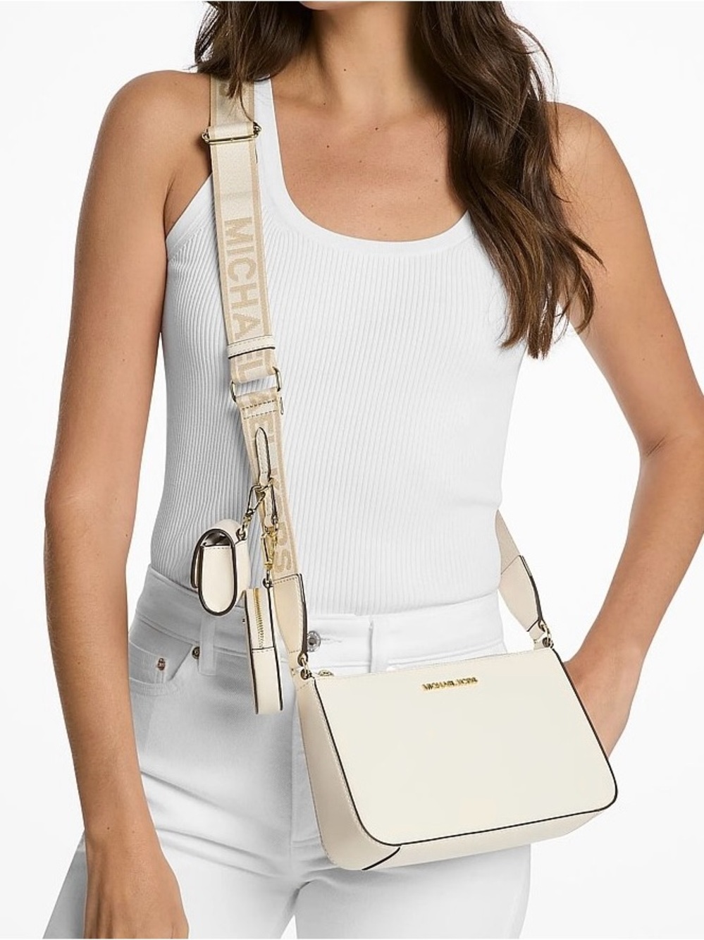 Michael Kors Jet Set Travel Saffiano Leather Crossbody Bag w/Tech Cases Cream